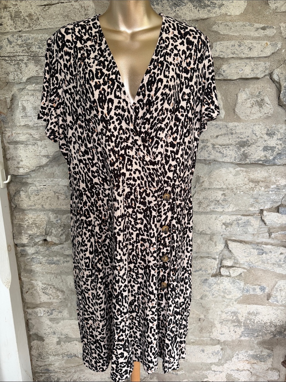 Leopard Print V-Neck Dress - Black on Cream